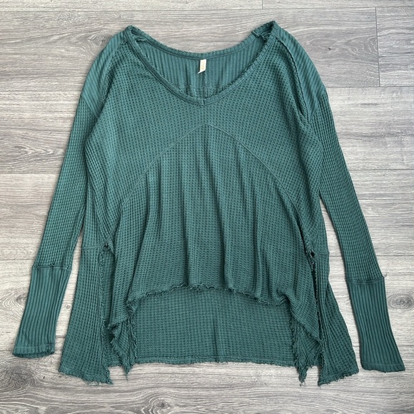 FREE PEOPLE Sunset Park Drippy Thermal Waffle Knit Top Emerald Green Medium - Picture 2 of 10